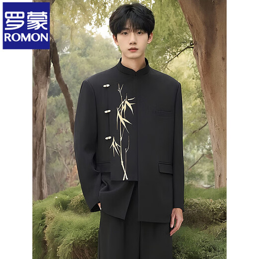 ROMON new Chinese style men's adult dress engagement wedding suit stand collar golden bamboo DK tunic suit class suit black suit XL