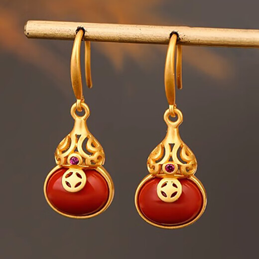 Little Silversmith S925 silver gourd earrings for women agate small gourd copper coin earrings new Chinese style hollow tassel earrings girlfriend gift