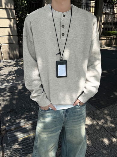 JEEP SPIRIT Jeep Henry Collar American Sweater Retro Centaur Top Pullover Premium Knitted Sweater Jacket Men's Gray M White Gray M (Recommended 105-120 Jin Jin equals 0.5 kg) One size fits all