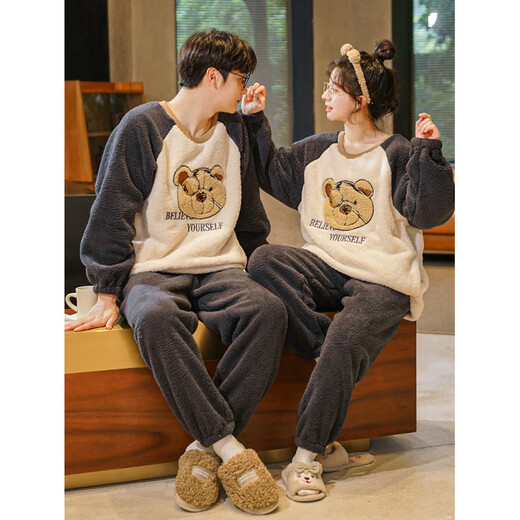 Langsha Autumn and Winter Coral Velvet Pajamas Couple Style Sweet Cartoon Plus Velvet Thickened Winter Men and Women Warm Flannel Suit Coral Velvet Round Neck Suit-HMF7908 2XL Male Recommended 150-170 Jin Jin equals 0.5 kg