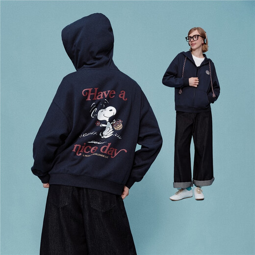 Giordano Snoopy joint cartoon embroidery printed drawstring loose hooded sweatshirt jacket for women 18375707 06 navy blue S