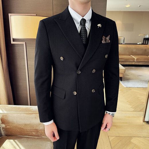 Jason's diagonal striped double-breasted suit for men, business casual formal fit, Korean style groom's wedding suit, three-piece suit, milky white (single suit) 2XL