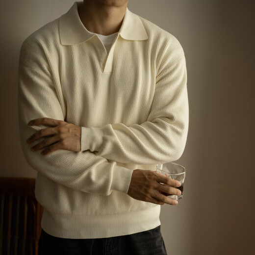 Kazuki Kuraishi KAZUKI KURAISHI autumn new V-neck sweater pullover heavy sweater yarn-dyed lapel long-sleeved POLO shirt casual light mature style for men off-white XL