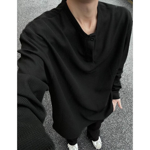 He Jian Gong Bengo long-sleeved T-shirt gray Henry collar long-sleeved T-shirt men's spring American waffle sweatshirt loose couple black L 2L 145165Jin Jin is equal to 0.5 kg