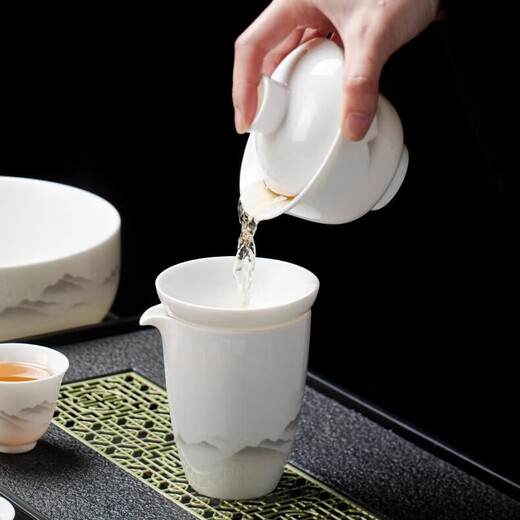 Suet-fat jade white porcelain Kung Fu tea set for home office light luxury high-end teapot covered bowl teacup gift set 15-head ink landscape Xishi teapot complete set