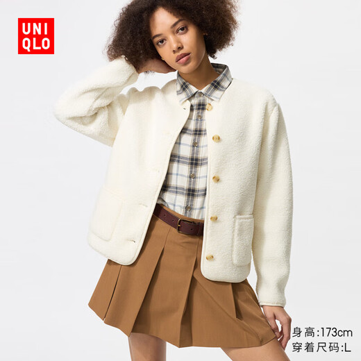 Uniqlo women's imitation sherpa polar fleece round neck cardigan/long-sleeved jacket 481025 00 white M /160/84A