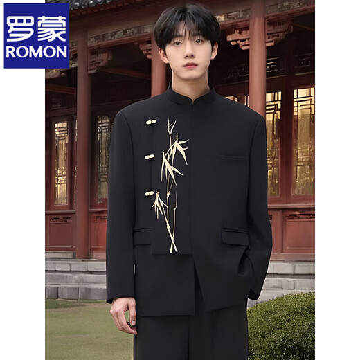 ROMON new Chinese style men's adult dress engagement wedding suit stand collar golden bamboo DK tunic suit class suit black suit XL
