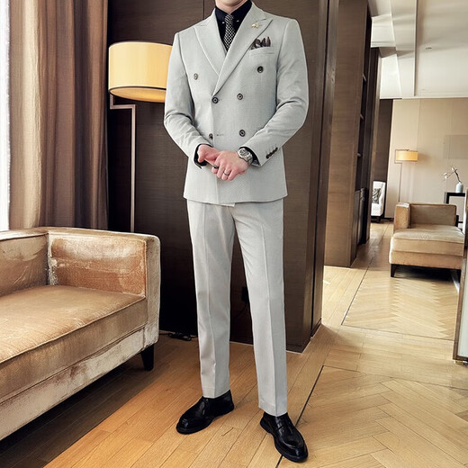 Jason's diagonal striped double-breasted suit for men, business casual formal fit, Korean style groom's wedding suit, three-piece suit, milky white (single suit) 2XL