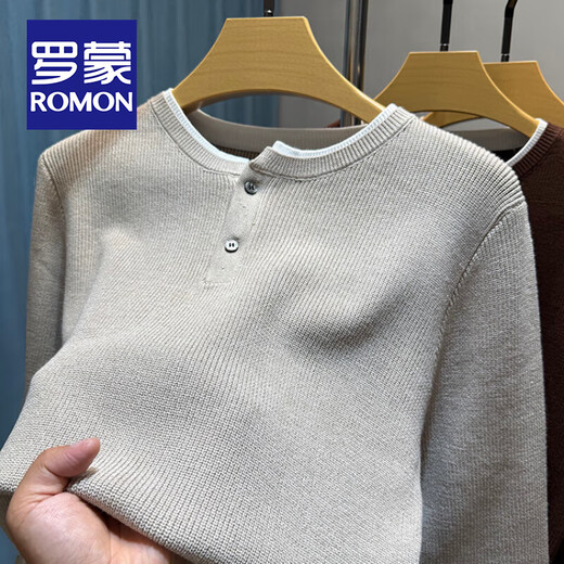 ROMON old money style Henry collar sweater men's long-sleeved bottoming shirt autumn and winter two-button inner thickened warm sweater beige XL 175