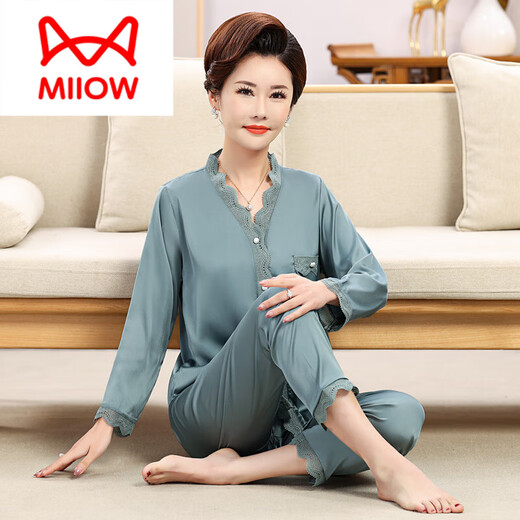 MiiOW Mama-Pyjama für Damen 2025 neuer bequemer Sommer-Langarm-Hausanzug aus Seide für Menschen mittleren Alters und ältere Menschen kann draußen getragen werden 686 (langer Stil) XL empfohlen 105-120 Jin Jin entspricht 0,5 kg