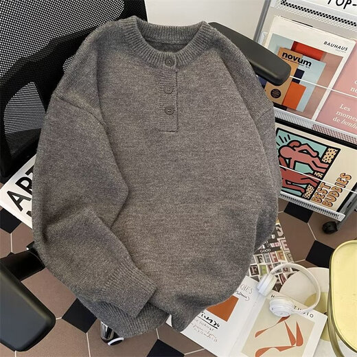 Autumn and winter American Henry collar sweater men's sweater American retro casual lazy style sweater men's solid color sweater light gray L