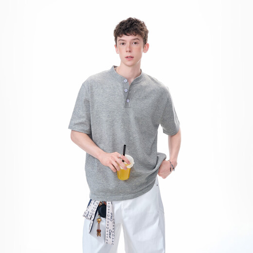 Yingtang Dream made American retro cleanfit henley collar short-sleeved T-shirt men's summer shoulder sweater half-sleeved floral gray M one size