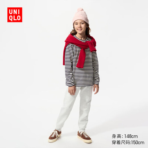 Uniqlo children's clothing boys and girls polar fleece round neck T-shirt long sleeve striped fleece 482987 69 navy 160