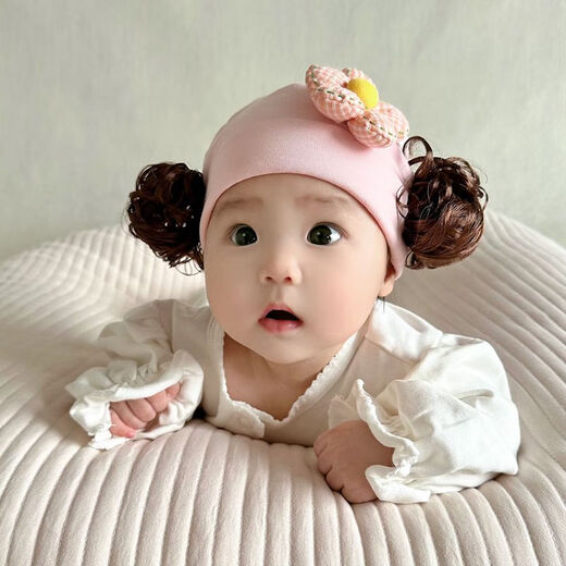 Baby girl hat spring and autumn pure cotton baby fetal cap cute super cute little month old hat playful wig hat new style big red pink wool thread cherry one size fits all 3-6 months pure cotton extra large elasticity does not tie the head