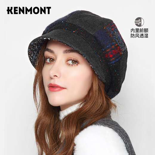 Kenmont forehead wind-resistant woolen patchwork plaid octagonal hat for women winter British autumn beret pile hat face shaping black gray (spliced style, forehead windproof film) M 57.5c (adjustable)