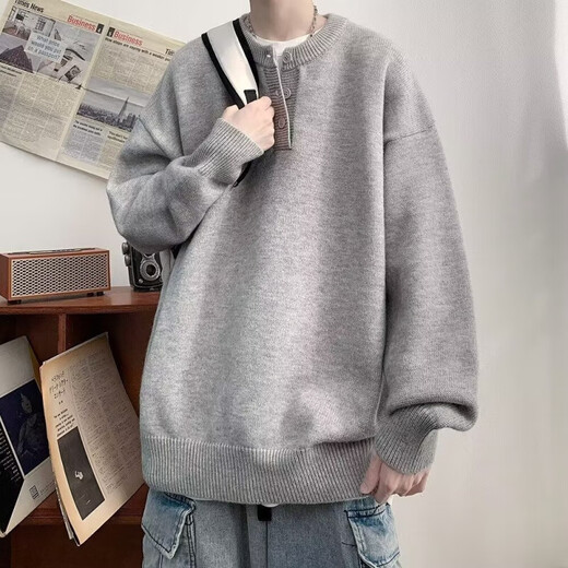 Autumn and winter American Henry collar sweater men's sweater American retro casual lazy style sweater men's solid color sweater dark gray 3XL