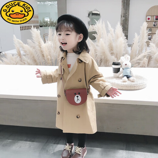 G.DUCKKIDS Girls' Jacket Spring and Autumn Children's Double-breasted Casual Jacket Top Mid-Length Trendy Coat Children's Windbreaker Khaki 110 Recommended Height 100-105cm Age 4-5