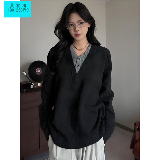 Wu Quanwan old money style deep v-neck fake two-piece sweater men's autumn lazy American retro Henry collar sweater black upgrade black upgrade XL