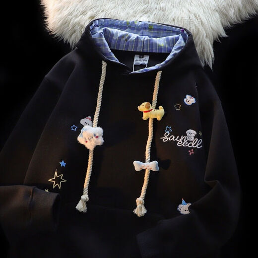 Cantu American embroidered hooded sweatshirt for women in autumn and winter loose lazy style velvet thickened jacket design casual top gray velvet style M