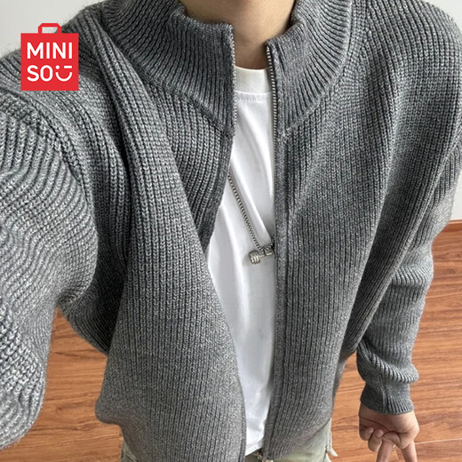 Miniso sweater winter men's sweater men's thickened coat stand collar cardigan soft waxy warm sweater Z light gray L