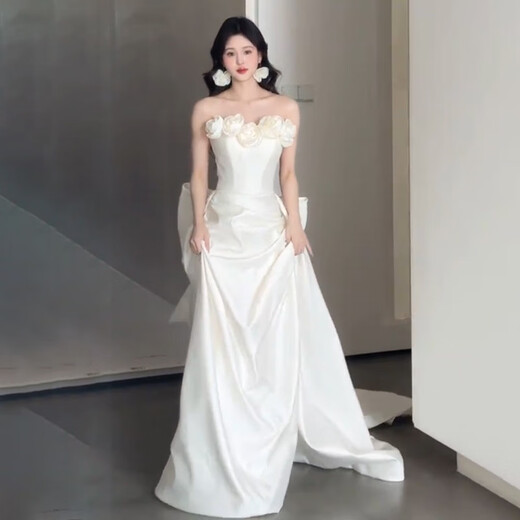 宝思源典雅礼服晚宴服主持人艺考生法式质感抹胸缎面鱼尾轻婚纱新娘婚纱 齐地中腰款 L