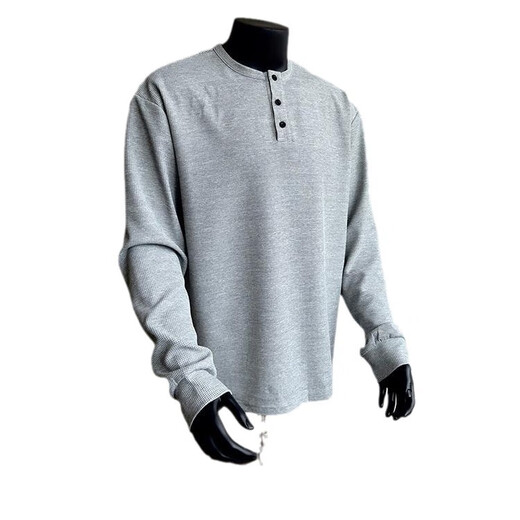 2024 Autumn Versatile Henley Collar Long Sleeve T-Shirt Men's Casual Sports Waffle Polo Shirt T-shirt Top Black M
