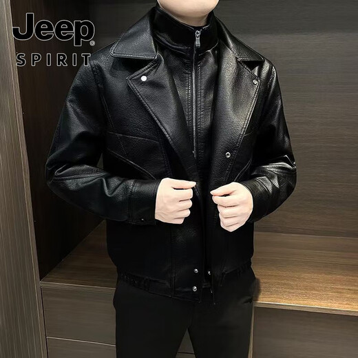 JEEP SPIRIT2025 new autumn and winter fake two-piece men's leather jacket plus velvet new high-end handsome motorcycle leather jacket high black thin velvet spring and autumn M