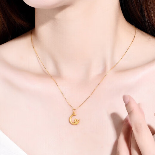 Chow Tai Fook Gold Necklace Women's Hard Gold Moon Rabbit Pendant Small Gold Rabbit Clavicle Chain Zodiac Rabbit Pure Gold Necklace National Day Gift Pure Gold Moon Rabbit Pendant Gold