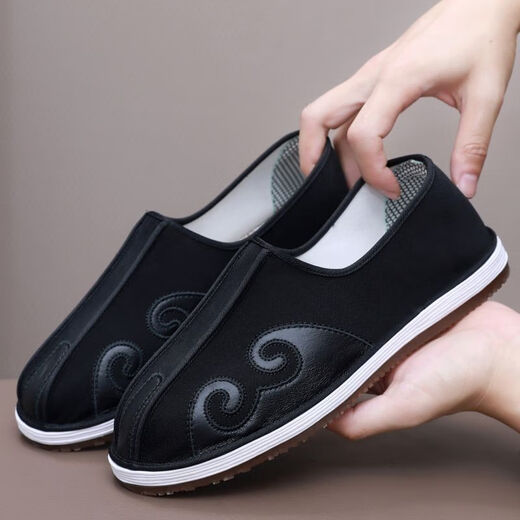 Inline lift autumn old Beijing cloth shoes men's retro Chinese style breathable, anti-odor and anti-slip handmade sprinkler shoes, layered bottomed Taoist old man shoes 13660 black 42