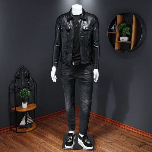 欧洲站2025轻奢纯色休闲机车皮衣春秋季韩版潮流翻领男装青年外套 黑色不加绒 3XL 体重建议145--160斤