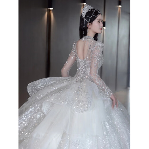 Wei Lian Menglan's main wedding dress bride 2025 new long-sleeved French heavy-textured pregnant women's light large tail wedding dress white floor-length wedding dress plus eight-piece set S Weight 90Jin Jin is equal to about 0.5 kg