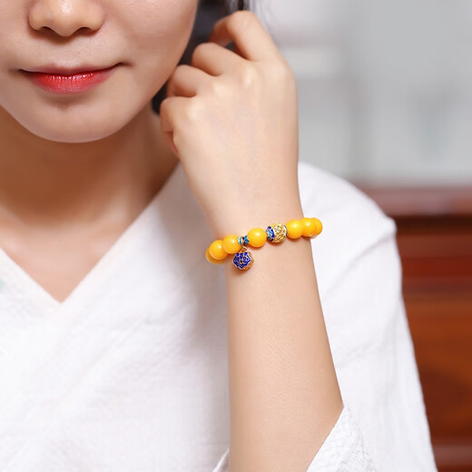 Xiyuan Natural Amber Raw Stone Beeswax Bracelet Women's Jade Cloisonné Accessories Chicken Oil Yellow Full Honey Old Wax High Quality Bracelet Ringtone Beeswax Beads 8.5mm 21pcs
