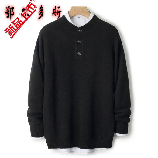EMZ Ordos City Winter Thickened Half-Open Henley Collar Pure Wool Sweater Men's 2025 Autumn and Winter New Knitted Sweater Men Black L