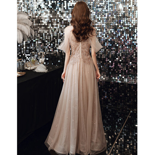 ACJK champagne color beautiful evening dress female banquet temperament annual meeting host dress super fairy halter neck adult ceremony princess dress champagne pink long style XS
