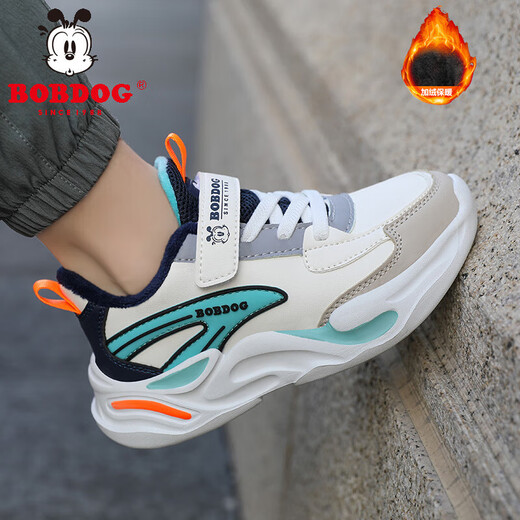 Babudou boys' cotton shoes, winter velvet warm children's sports shoes, leather waterproof waterproof running shoes for boys and girls, white green winter velvet style 30 (inner length 19.0cm)