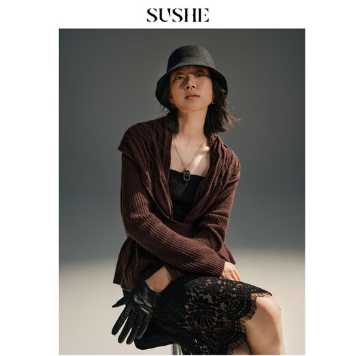 SUSHE Jiaohong special-shaped cable pattern multi-shape plus collar slimming wool cardigan jacket with belt for women