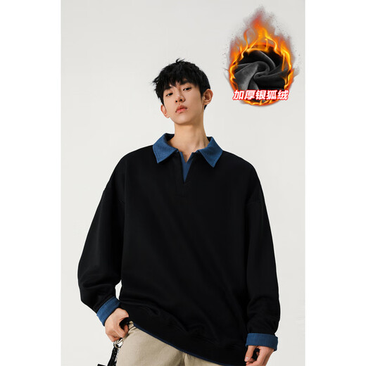 Extraordinary heavyweight thickened silver fox velvet spliced fake two-piece lapel Henry collar sweatshirt for men in autumn and winter large size loose bottoming shirt black plus velvet M