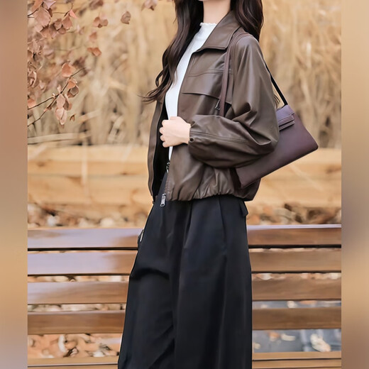 Fabric Story Luofen Flagship Store Women's Clothing 2025 New Style High-end Temperament Casual Versatile Trendy Leather Jacket Autumn Brown Jacket M