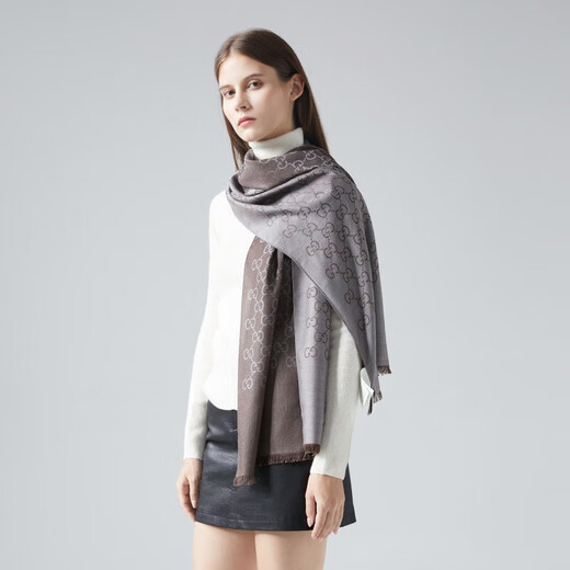 GUCCI Women's Double G Printed Wool Scarf Latte Gray 165904 3G646 1264