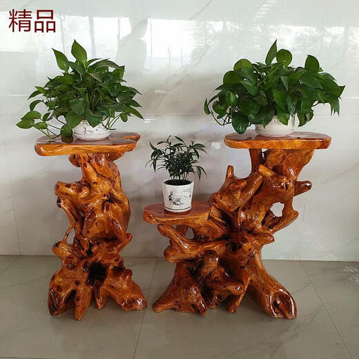 Natural root carving stand base log living room Chinese bonsai fish tank stand solid wood tree root art balcony ornament like ancient dark green 15907
