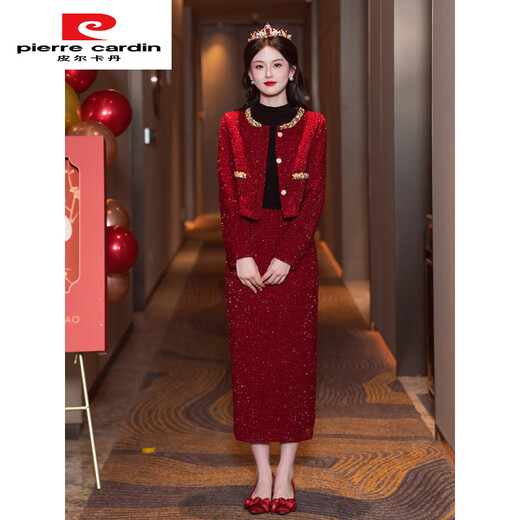 Pierre Cardin (Pierre Cardin) small fragrant style jacket, engagement dress, wedding toast dress, bridal suit, red door-to-door dress, autumn and winter long sleeves, burgundy XS