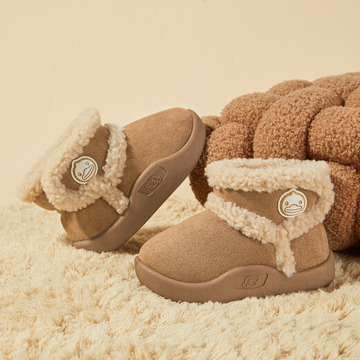 B.Duck little yellow duck children's shoes children's cotton boots winter boys and girls plus velvet warm plush short boots 6804 brown rice 23