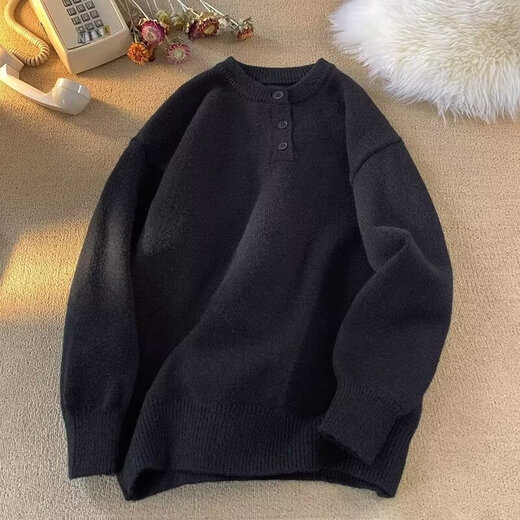 Autumn and winter American Henry collar sweater for men, American retro casual lazy style sweater for men, black 3XL