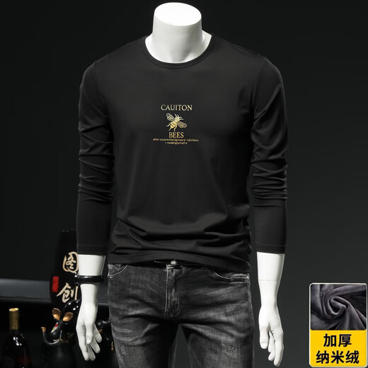 Romon High-End European Station Modal Langarmed T-Shirt Herrenbrief Druck atmungsaktiv plus samt warmes Herren-Basis-Hemd Herbst Kleidung schwarz 15123 m