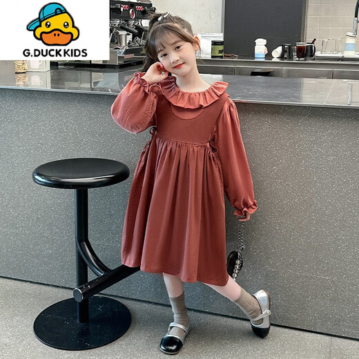 G.duck Girls' Dress Autumn Suit Western Style Children's Princess Dress Spring and Autumn Big Children's Suspender Skirt Two-piece Set MG-Flower Collar Suspender Skirt Suit-Coffee Color 150 Recommended Height 140cm