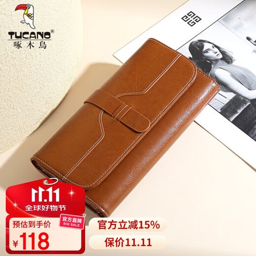 Woodpecker (TUCANO) cowhide wallet women's long 2025 new retro style multi-card slot ticket holder oil wax cowhide pickup bag gift for women