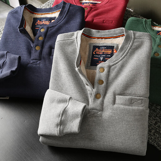 IMPRESSWIT Henry collar sweatshirt men's velvet waffle long-sleeved T-shirt warm lamb velvet cotton thickened trendy brand jacket green M