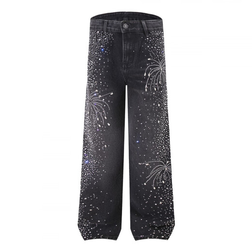 Jean droit noir étoilé pour hommes et femmes, lavage et diamants chauds, design détendu, pantalon de plancher large lâche, bleu 1369 L