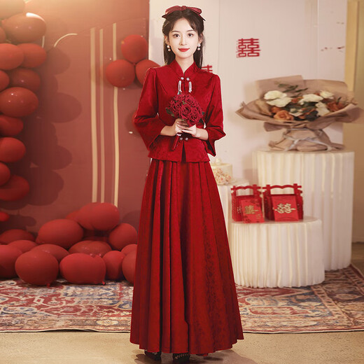 Chuangjing Yixuan Toast Wear Bridal Chinese Long Sleeve Cheongsam for Outing Party Long Retro Engagement Dress Two-piece Set Burgundy L
