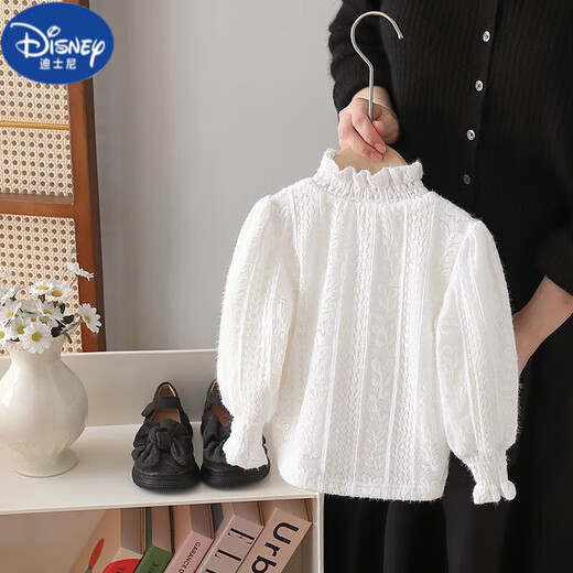 Disney girls' stylish velvet sweater for winter, Korean style baby inner wear, Lolita bottoming shirt, lace long-sleeved top, white velvet (high-quality fabric) 90